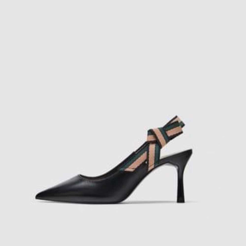 Zara Leather Black Slingback Heels Ribbon Bow 37